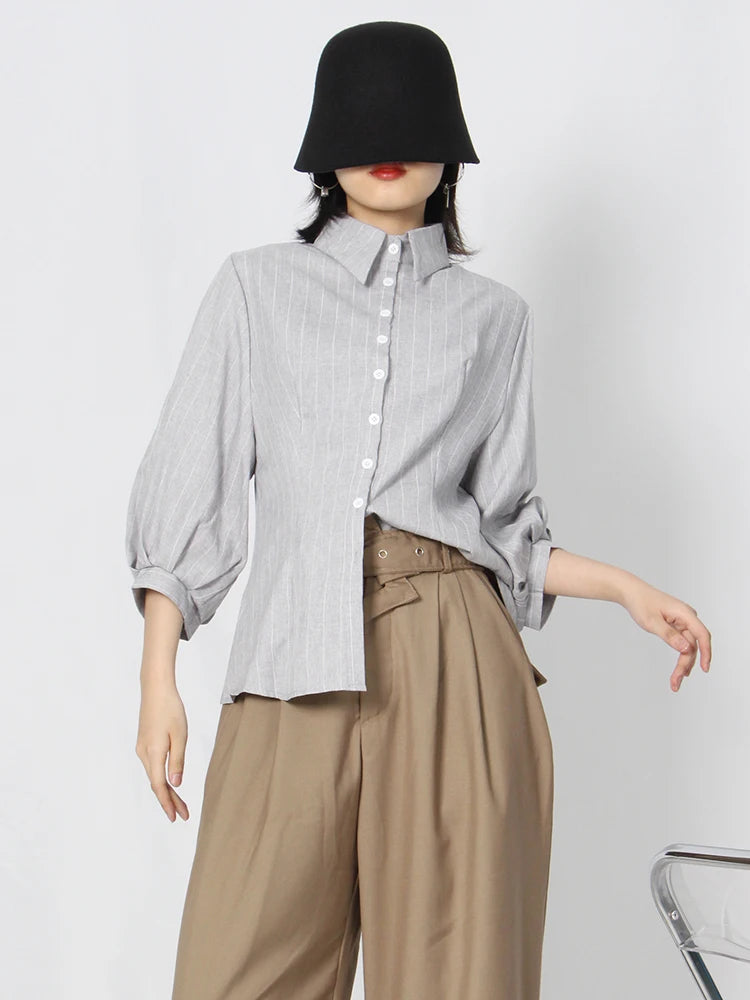 Slim Striped Shirt For Women Bowknot Collar Puff Sleeve Colorblock Button Through Blouse Female Clothes Fashion