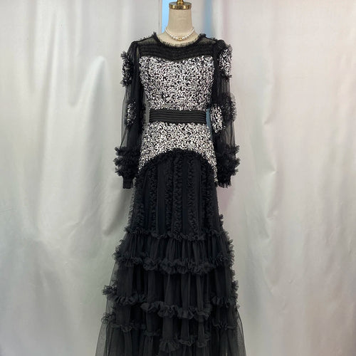 Load image into Gallery viewer, Solid Spliced Bead Luxurious Dresses for Women O Neck Long Sleeves High Waist Sheer Patchwork Fungus Dress Female
