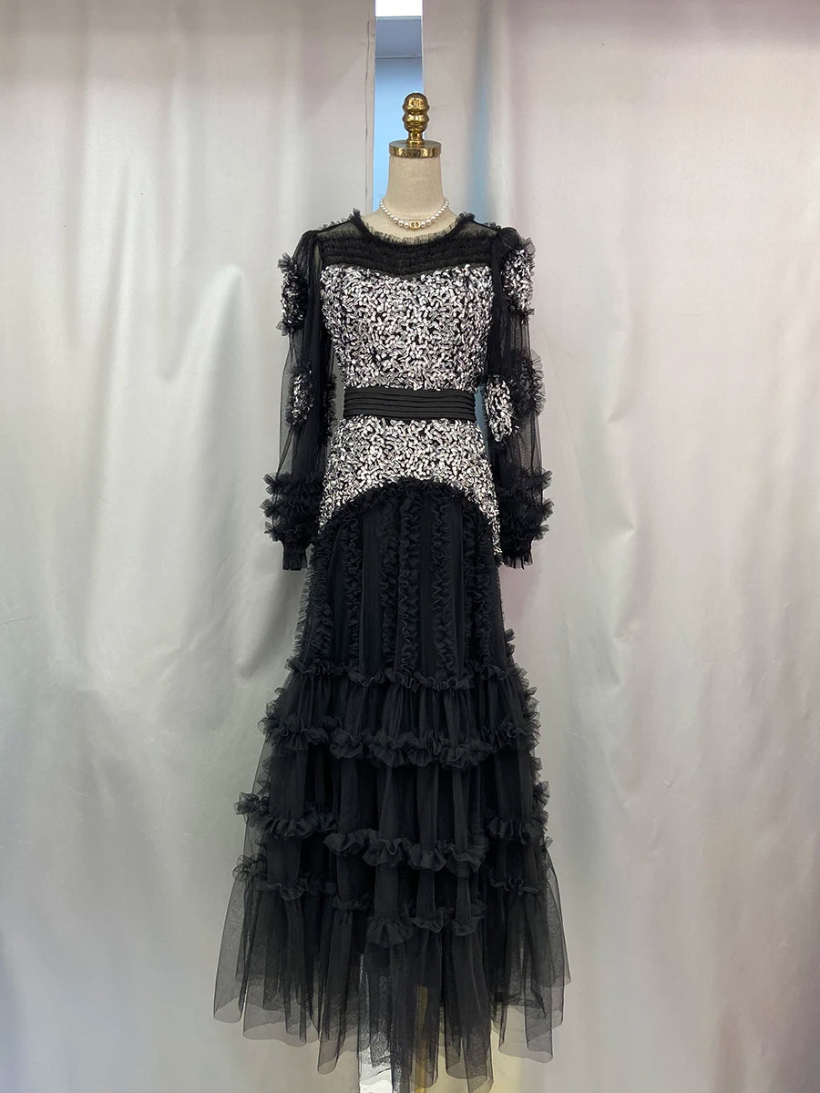 Solid Spliced Bead Luxurious Dresses for Women O Neck Long Sleeves High Waist Sheer Patchwork Fungus Dress Female