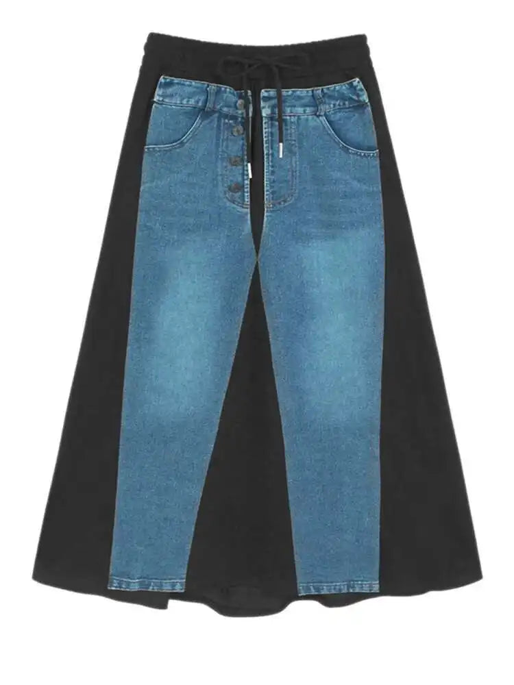 High Elastic Waist Black Denim Color-block Drawstring Half-body Skirt Women Fashion Tide New Spring Autumn 2025 1DJ0084