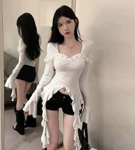 Women's Clothing Sexy White Tshirts Y2k Tops Flare Sleeve Square Collar Tunic Tees Irregular Fashion T-shirt Korean Camisetas