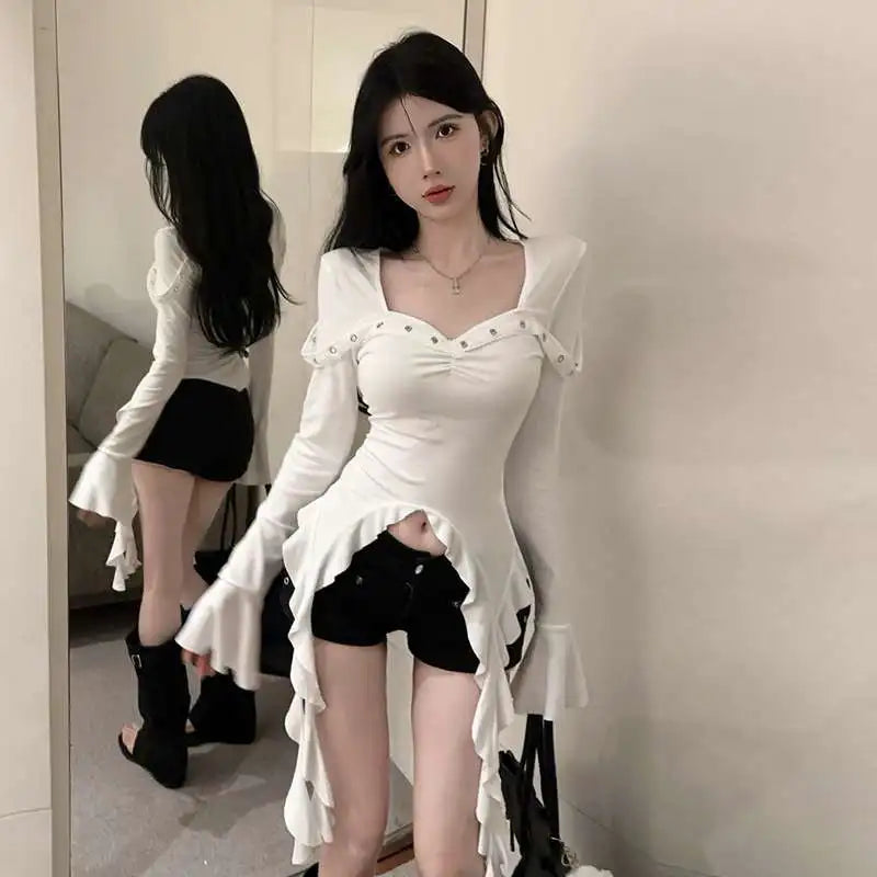 Women's Clothing Sexy White Tshirts Y2k Tops Flare Sleeve Square Collar Tunic Tees Irregular Fashion T-shirt Korean Camisetas