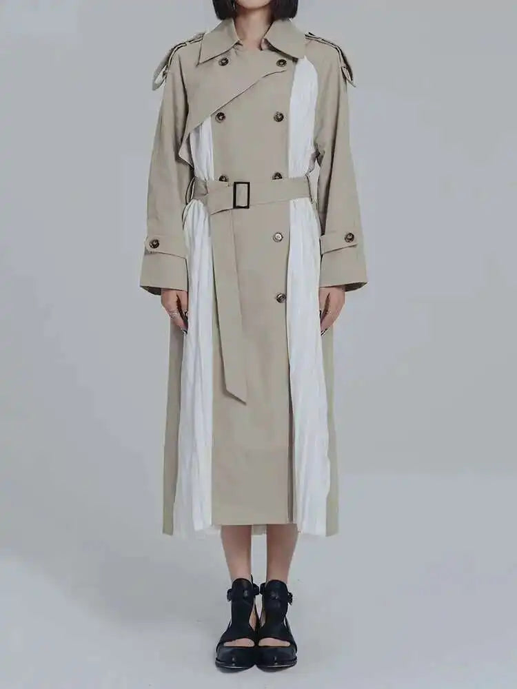 Women Khaki Pleated Big Size Long Trench New Lapel Long Sleeve Loose Fit Windbreaker Fashion Spring Autumn 2025 1DF0722