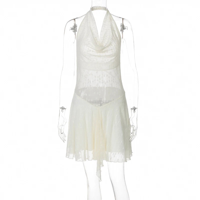 See Through Lace Halter Sexy Mini Dress Women Robe Halter Deep V Neck Backless Draped Ruffled Club Party Beach Dress