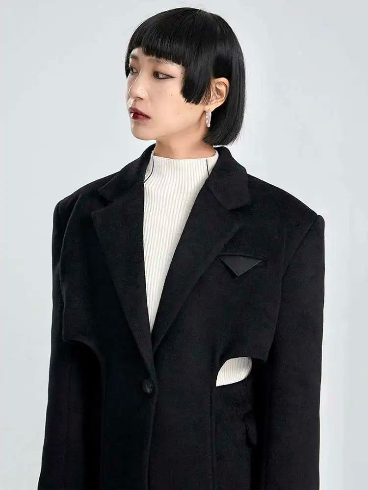 Black Hollow Out Long Elegant Big Size Woolen Coat Parkas New Long Sleeve Women Fashion Tide Autumn Winter 2025 1DF335701