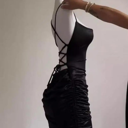 Load image into Gallery viewer, Korean Summer Black Simple Wrap Hip Pleated Mini Dress Sexy Club Backless Drawstring Lace-up Spaghetti Strap Short Dresses Women
