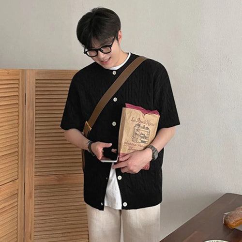 Load image into Gallery viewer, Korean Style Men&#39;s Cardigan Casual Knitted Round Neck Tops Short Sleeve Single Brteasted Solid Color Loose  Sweater 9C6496
