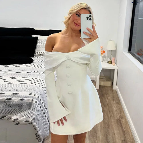 Load image into Gallery viewer, Off-shoulder Long Flare Sleeve Sexy Mini Blazer Dress For Women Autumn Winter New Strapless Backless Elegant Dress
