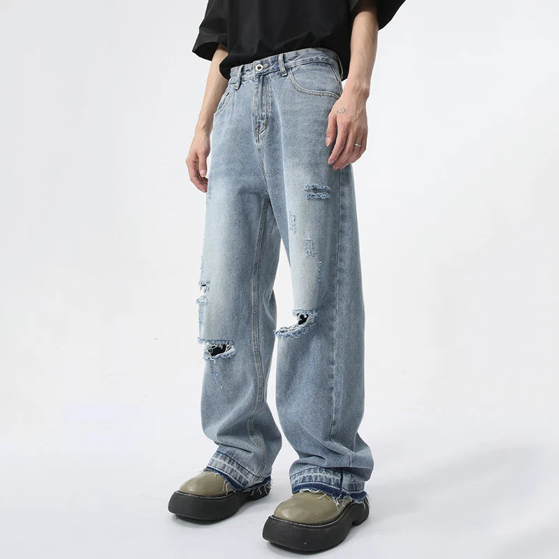 Trendy Men's Straight Jeans Worn-out Hole Design Autumn New Streetwear American Style Wide Leg Denim Pants Spring 9C5979