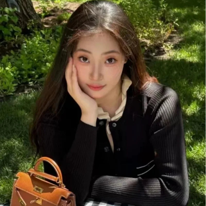 Korean 2024 Autumn Winter New Ladies Black Elegant Long Sleeve Knitted Dress Women Fashion Crew Neck Slim Single Breasted Dress