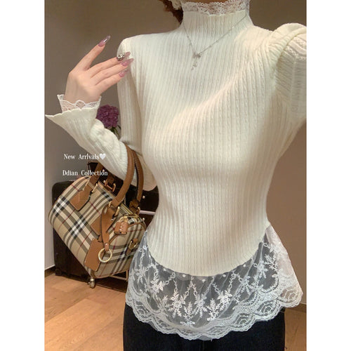 Load image into Gallery viewer, Retro Korean Version Women Sweet Solid Patchwork Lace Elegant Knitted Half High Neck Sweater Autumn Winter Slim Pullovers Tops
