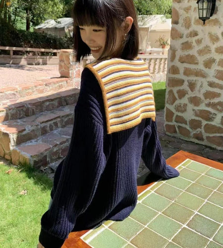 Stripe Sailor Collar Harajuku Sweaters Y2k Aesthetic Contrast Color Casual Vintage Pullovers Oversized Grunge Knitwear Women