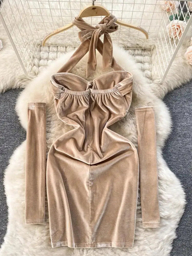 Korean Version Khaki Hanging Neck Sexy Club Slim Velvet Mini Dress Off Shoulder Backless Short Dress Spring Summer With Sleeves