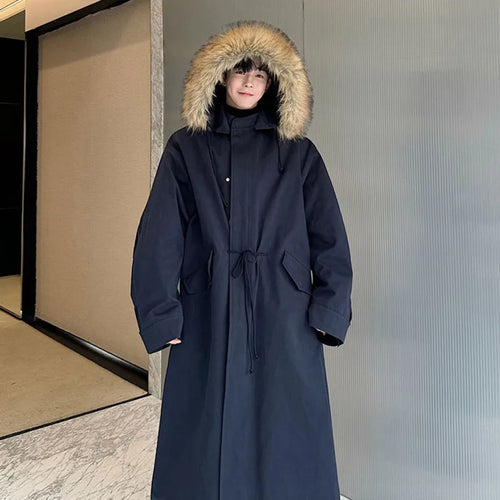 Load image into Gallery viewer, Winter Hooded Padded Coat Detachable Fur Collar Outwear Men Solid Color Single Breasted Casual Korean Overcoat 9C9023
