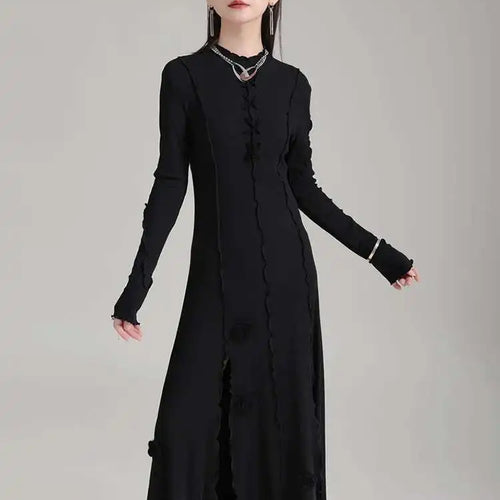 Load image into Gallery viewer, Women Black Flower Elegant Slit Long Dress New Turtleneck Long Sleeve Loose Fit Fashion Tide Spring Autumn 2025 1DH1870
