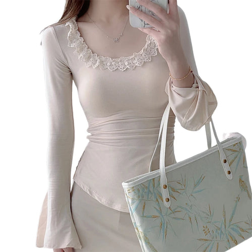 Load image into Gallery viewer, y2k Tops Women Coquette Clothing Ruffle Trim Scoop Neck Long Sleeve T Shirts Fairycore Aesthetic Clothes Streetwear
