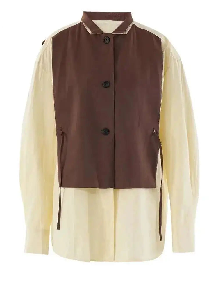 Women Yellow Color-block Big Size Elegant Blouse New Lapel Long Sleeve Shirt Fashion Tide Spring Autumn 2025 CPG1947