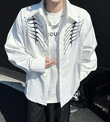 Men's Shirts New Spring Long Sleeve Clothing Embroidery Nail Bead Spine Design Pad Shoulder Turn-down Collar Menwear 9W1607