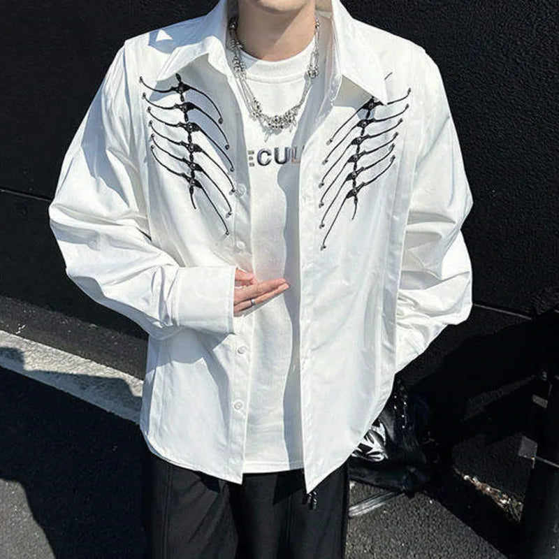 Men's Shirts New Spring Long Sleeve Clothing Embroidery Nail Bead Spine Design Pad Shoulder Turn-down Collar Menwear 9W1607