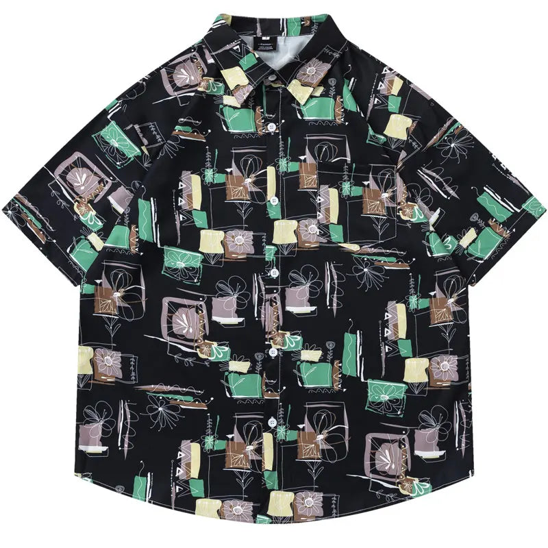Summer Hawaiian Shirt Harajuku Graffiti Graphic Printed Button Up Beach Blouse Men Hip Hop Casual Baggy Short Sleeve Shirts Tops