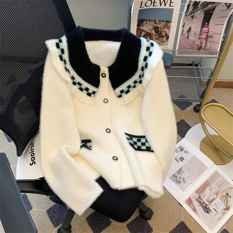 French Vintage Black White Patchwork Mink Sweater Women's 2024 Autumn Winter New Elegant Long Sleeve Cardigan Knit Tops Fashion