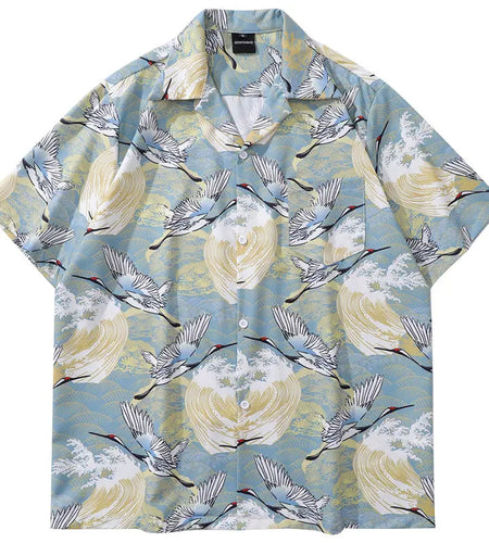 Harajuku Japanese Crane Graphic Print Shirts Y2K Men Summer Button Up Short Sleeve Blouse 2024 Hip Hop Casual Loose Tops Shirt