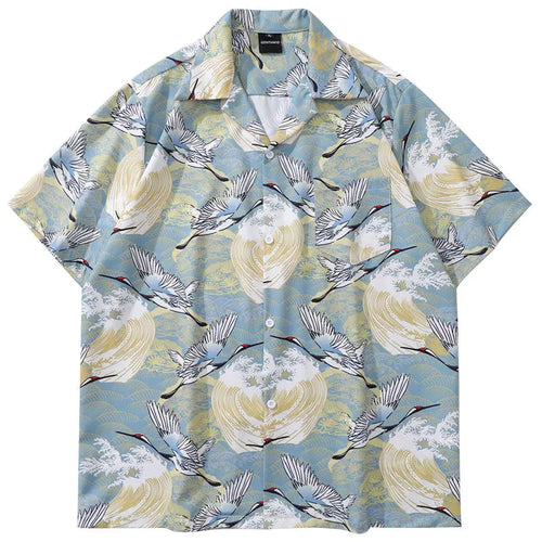 Harajuku Japanese Crane Graphic Print Shirts Y2K Men Summer Button Up Short Sleeve Blouse 2024 Hip Hop Casual Loose Tops Shirt