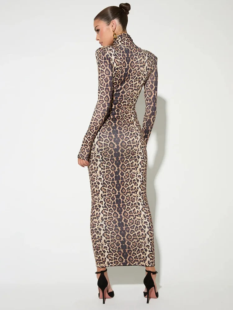 Fashion Autumn/Winter Long Sleeve Leopard Elastic Tight Dress Women Sexy Bodycon Dress Party Club Evening Dress 2025