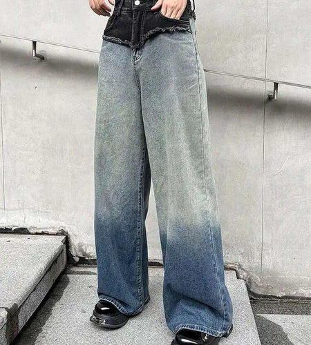 High Waist Blue Gradual Color Denim Burr Long Wide Leg Jeans New Women Trousers Fashion Tide Spring Autumn 2025 1DH5146