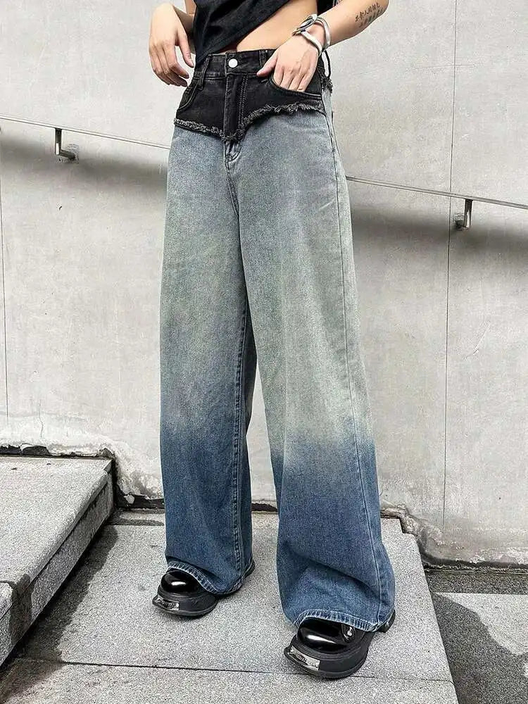 High Waist Blue Gradual Color Denim Burr Long Wide Leg Jeans New Women Trousers Fashion Tide Spring Autumn 2025 1DH5146