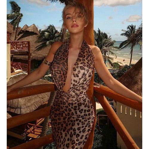 Load image into Gallery viewer, Leopard Print Backless Sexy Maxi Dress For Women Gown Fashion Halter Strapless Sleeveless Bodycon Printed Long Dress
