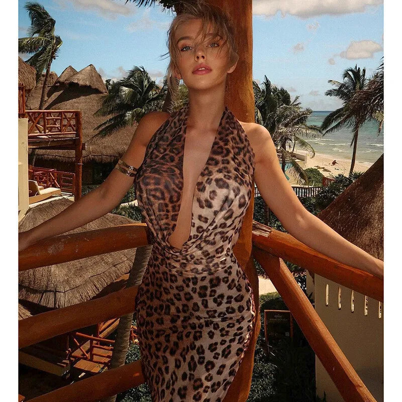 Leopard Print Backless Sexy Maxi Dress For Women Gown Fashion Halter Strapless Sleeveless Bodycon Printed Long Dress