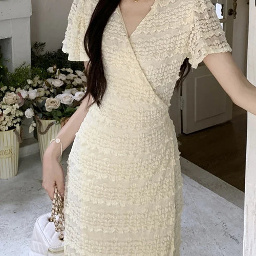 Load image into Gallery viewer, V-neck Pure Color Slim Waist Women&#39;s Dresses Lace-up Short Sleeve Elegant Female Dress French Style Vacation Sweet Dress
