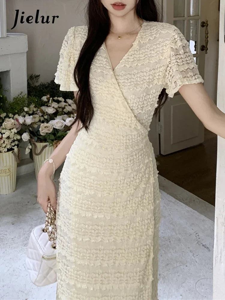 V-neck Pure Color Slim Waist Women's Dresses Lace-up Short Sleeve Elegant Female Dress French Style Vacation Sweet Dress