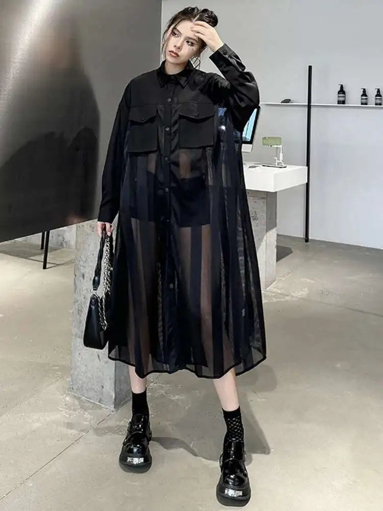 Women Army Green Mesh Color-block Big Size Long Shirt Dress New Lapel Long Sleeve Fashion Tide Spring Autumn 2025 1DH6066