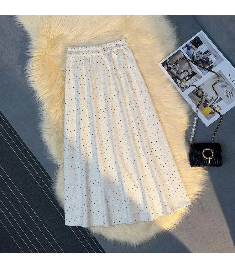 French Vintage Women Polka Dot Elegant High Waist Party Long Skirts 2024 Autumn Winter Woolen A-line Pleated Half Skirt Fashion