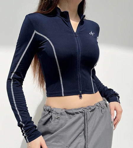 Streetwear Fitness Stripe Stitch Long Sleeve Tee Zip Up Embroidery Autumn T-shirts Women Casual Sporty Cropped Tops