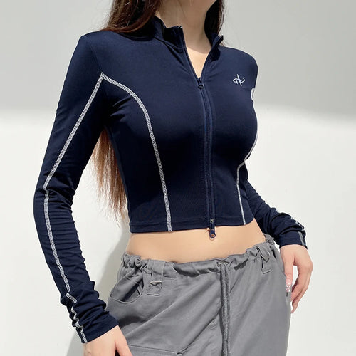 Load image into Gallery viewer, Streetwear Fitness Stripe Stitch Long Sleeve Tee Zip Up Embroidery Autumn T-shirts Women Casual Sporty Cropped Tops
