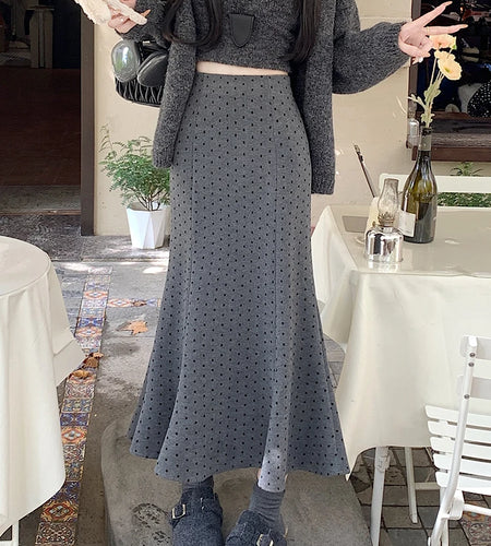 Autumn Winter 2024 Women Black Dot High Waist Woolen Long Skirts For Women Retro Grey Elegant Versatile Wrap Hip Fishtail Skirt