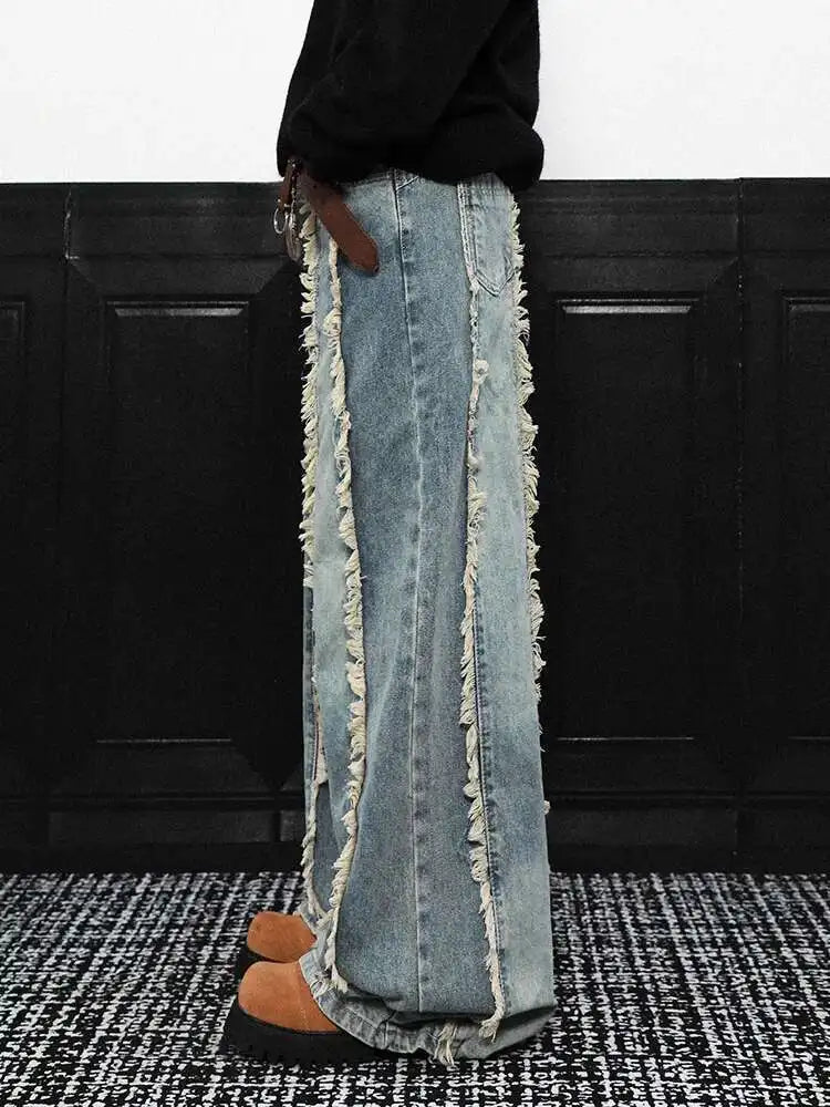 High Waist Blue Burr Denim Vintage Shaped Casual Wide Leg Jeans New Women Trousers Fashion Tide Spring Autumn 2025 1DH9396