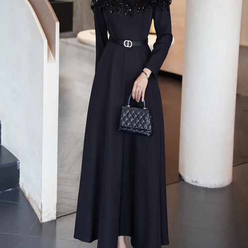 Load image into Gallery viewer, Hit Color Spliced Sequins Elegant Dresses for Women Round Neck Long Sleeves Patchwork Belt Dress Female Clothes New
