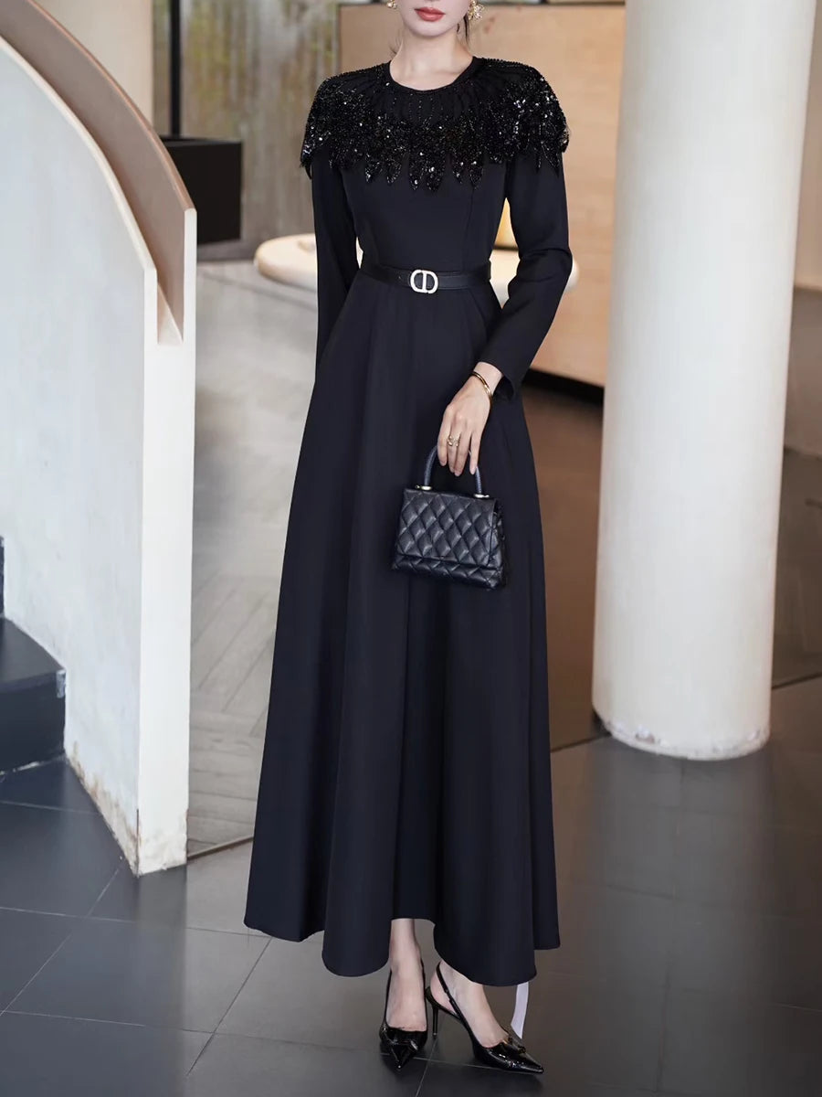 Hit Color Spliced Sequins Elegant Dresses for Women Round Neck Long Sleeves Patchwork Belt Dress Female Clothes New