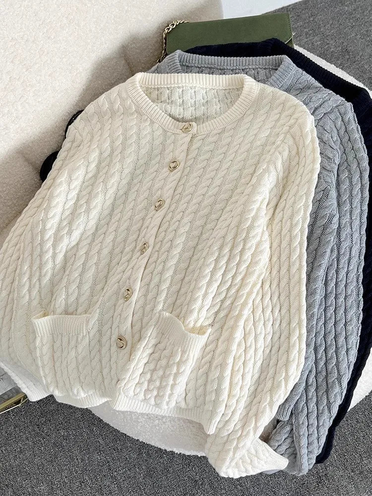 Women Knit Sweater Cardigan With Pockets Early Autumn Lady Long Sleeve Elegant O-neck Retro Short Knitwear Top C-145