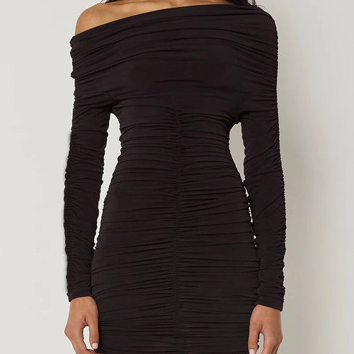 Load image into Gallery viewer, Inclined Shoulder Long Sleeve Sexy Mini Dress For Women Autumn New Fashion Backless Ruched Bodycon Party Sexy Dress
