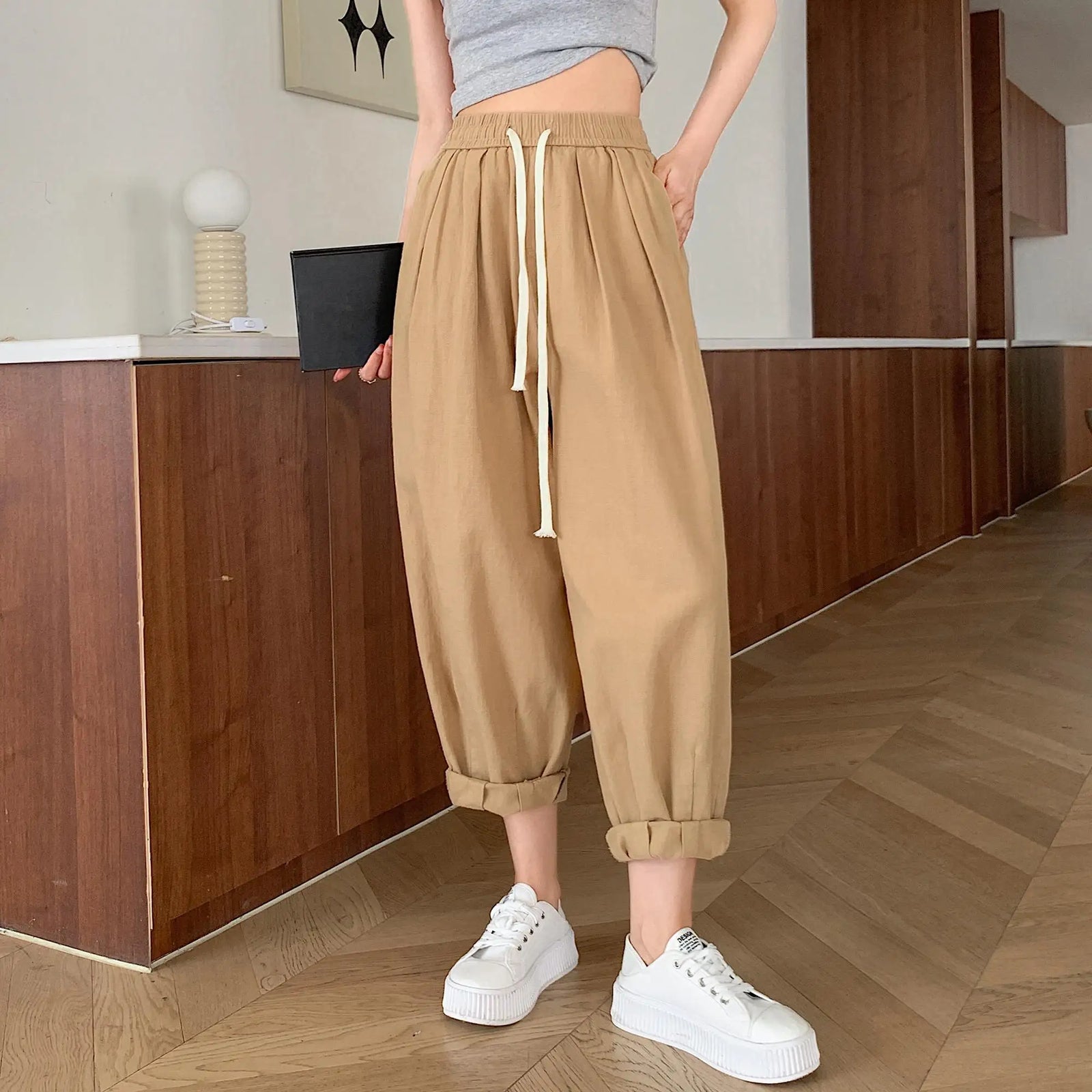 Black White High Waist Big Size Drawstring Harem Ankle-length Pant Women Spring Summer Brown Baggy Korean Casual Sweatpants New