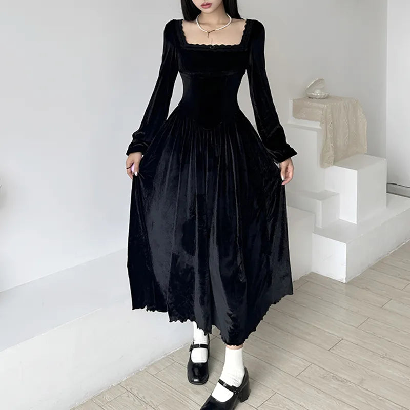 Square Neck Lace Trim Black Velour Autumn Dress A-Line Korean Fashion Fold Corset Long Dress Elegant Party Birthday