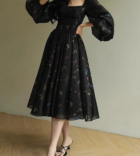 Hit Color Printing Slimming Dresses For Women Square Neck Long Sleeve High Waist Temperament Dres Female Fashion