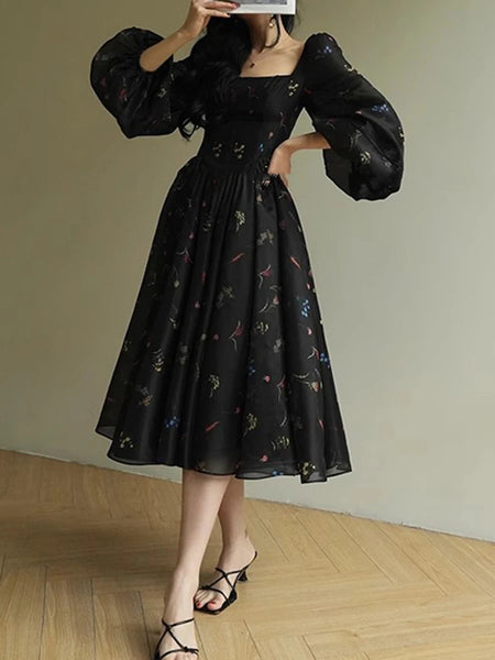 Hit Color Printing Slimming Dresses For Women Square Neck Long Sleeve High Waist Temperament Dres Female Fashion