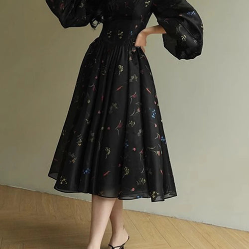 Load image into Gallery viewer, Hit Color Printing Slimming Dresses For Women Square Neck Long Sleeve High Waist Temperament Dres Female Fashion
