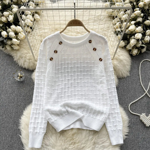 Load image into Gallery viewer, Autumn Winter White Long Sleeved Versatile Button Sweater Vintage Sweet Bow Pink O Neck Knitted Loose Pullover Tops Women Simple

